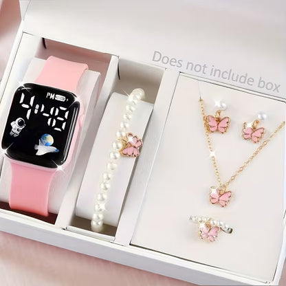 6Pcs Watches for Women Set Fashion Trend Exquisite Small White Silicone Electronic Watch Bracelet Necklace Ring Earrings Friends Birthday Gift Girlfriend Boyfriend Travel Vacation Graduation Season The Best Choice for Gifts