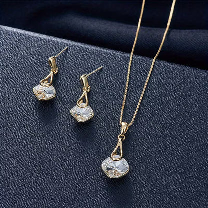 Elegant Women'S Jewelry Set - Chic Square Pendant Necklace & Teardrop Earrings, Golden-Tone with Sparkling Artificial Crystal - Ideal for Parties, Weddings, Birthdays, and Special Occasions, Wedding Jewelry|Geometric Pendant Design|Zinc Alloy, Necklace Ea