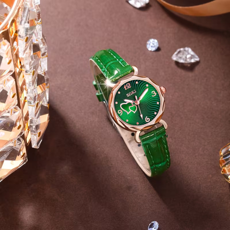 Ladies Watch 6pcs Ladies Fashionable Casual Quartz Watch with Peach Shaped Dial And Heart Necklace Earrings Bracelet Rings Jewelry Set Suitable for Daily Wear, Back-to- Season, Graduation Season, Thanksgiving, Couples, The Best Gifts No Box