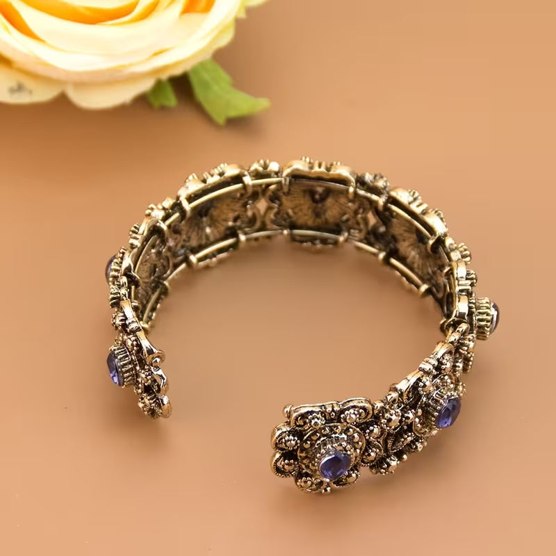 1pc Exquisite Vintage Turkish Women's Bracelet, C-Shape Design for Wrist Circumference Under 17cm & Diameter Below 5.4cm, Metal Arabic Pattern with Rhinestone Inlay, Middle Eastern Mediterranean Court Jewelry, Traditional European Wedding Bridal Accessory