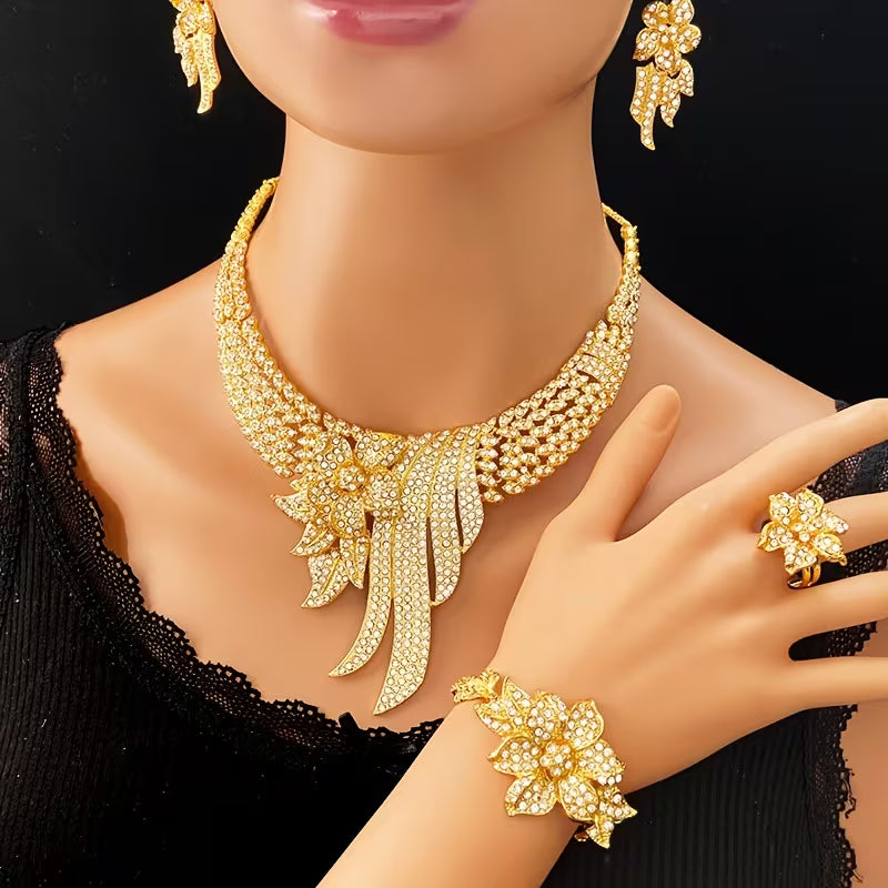 5pcs Women's Jewelry Set Elegant Floral & Leaf Multicolor Sparkling Necklace, Earrings, Bracelet & Adjustable Ring for Wedding, Party, Valentine's Gift - Year-Round Wearable for Special Occasions, Complete Matching Set