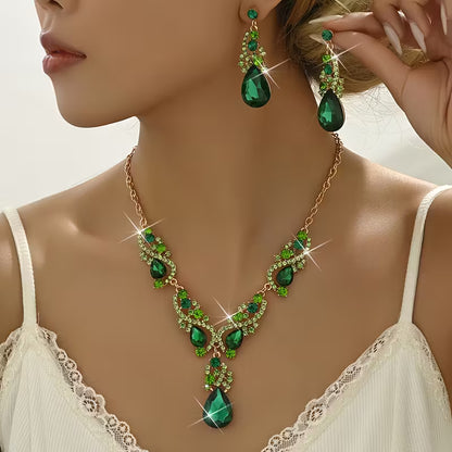 3pcs Set of Light Luxury Emerald Green -encrusted Vintage Alloy Rhinestone Women's Jewelry Set, Suitable for Banquets and Weddings, Ideal for Gifting