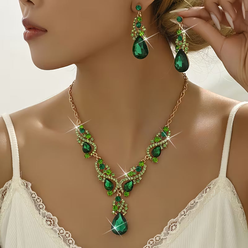 3pcs Set of Light Luxury Emerald Green -encrusted Vintage Alloy Rhinestone Women's Jewelry Set, Suitable for Banquets and Weddings, Ideal for Gifting