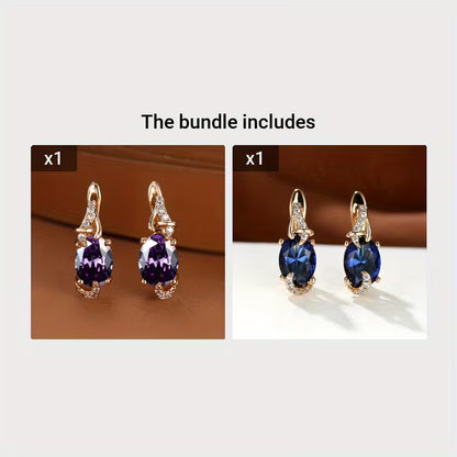 18K Gold Plated Blue Stone Stud Earrings Trendy Women Round Oval Cut White Blue Red Pink Stone Drop Earrings Anniversary Claw Earrings Jewelry