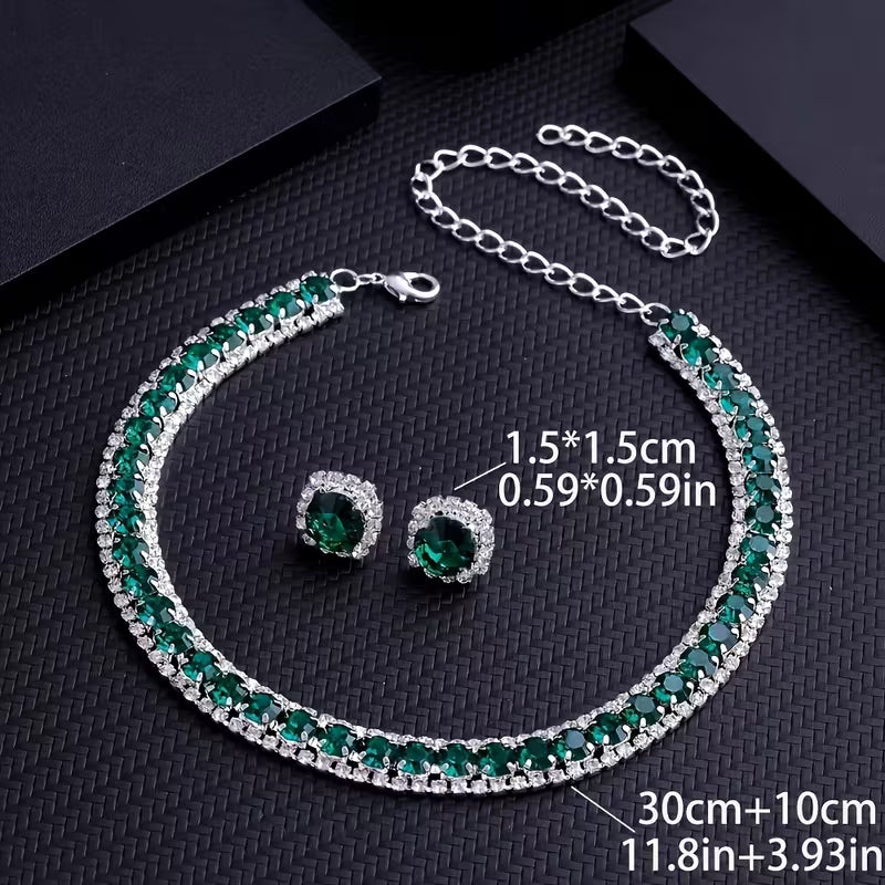 Luxury Green Necklace and Earrings Set, Sexy & Simple Style, Fashion Jewelry for Women, Elegant Evening Party Accessories Gifts for Eid