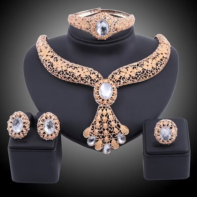 Vintage Golden Filigree Jewelry Set with Synthesis Created-Sapphire Artificial Crystal - Necklace Earrings Bangle Ring for Wedding Party Prom Bridal Jewelry Gift