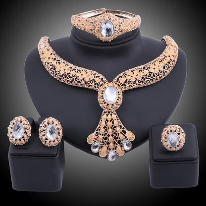 Vintage Golden Filigree Jewelry Set with Synthesis Created-Sapphire Artificial Crystal - Necklace Earrings Bangle Ring for Wedding Party Prom Bridal Jewelry Gift