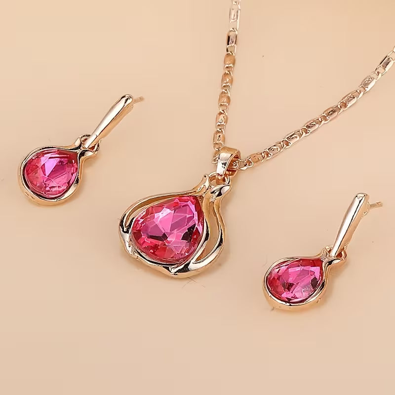 2pcs Simple Style Women'S Jewelry Set, Zinc Alloy Pendant Necklace and Earrings, with Artificial Stone, for Daily Wear and Gift-Giving, Perfect for Valentine'S Day and All Seasons