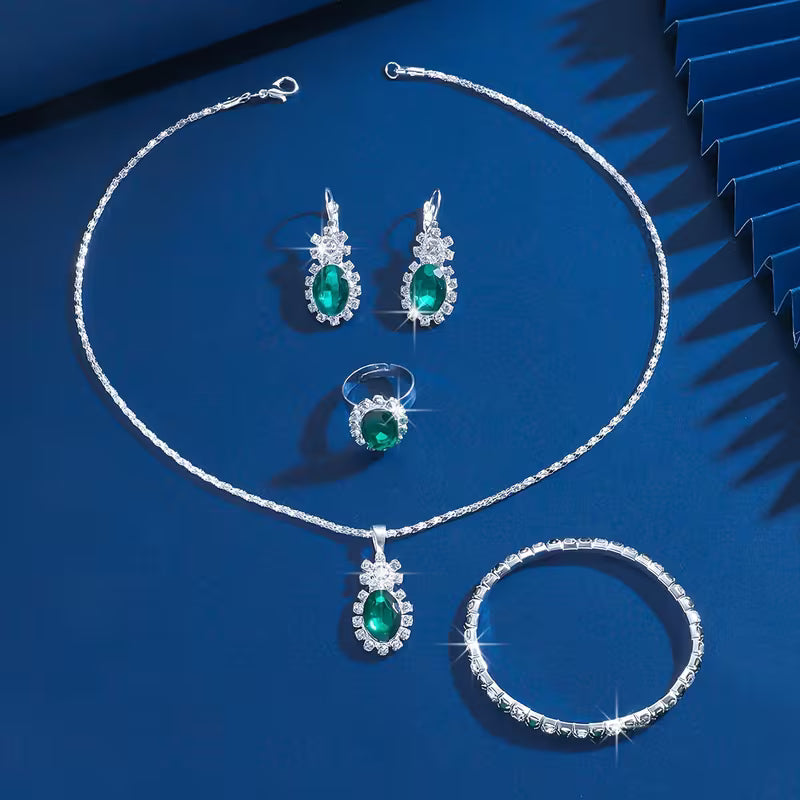 Vintage Luxury Women's Jewelry Set - 5pcs Green Oval Pendant Necklace, Ring, Earrings, and Bracelet - Elegant Fashion for Casual Attire or Gifting