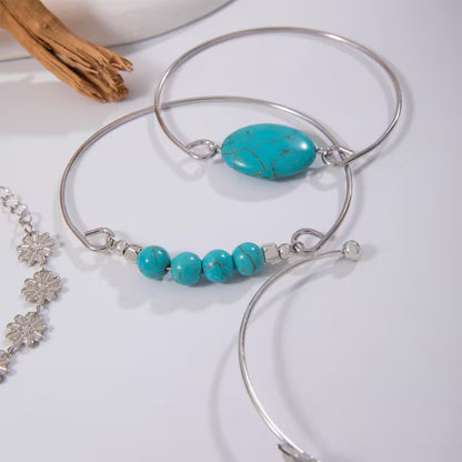 5pcs Vintage Boho Style Turquoise Mosaic Bracelet Set | Ethnic Floral and Feather Design, Iron Material, Ideal for Gifts and Parties
