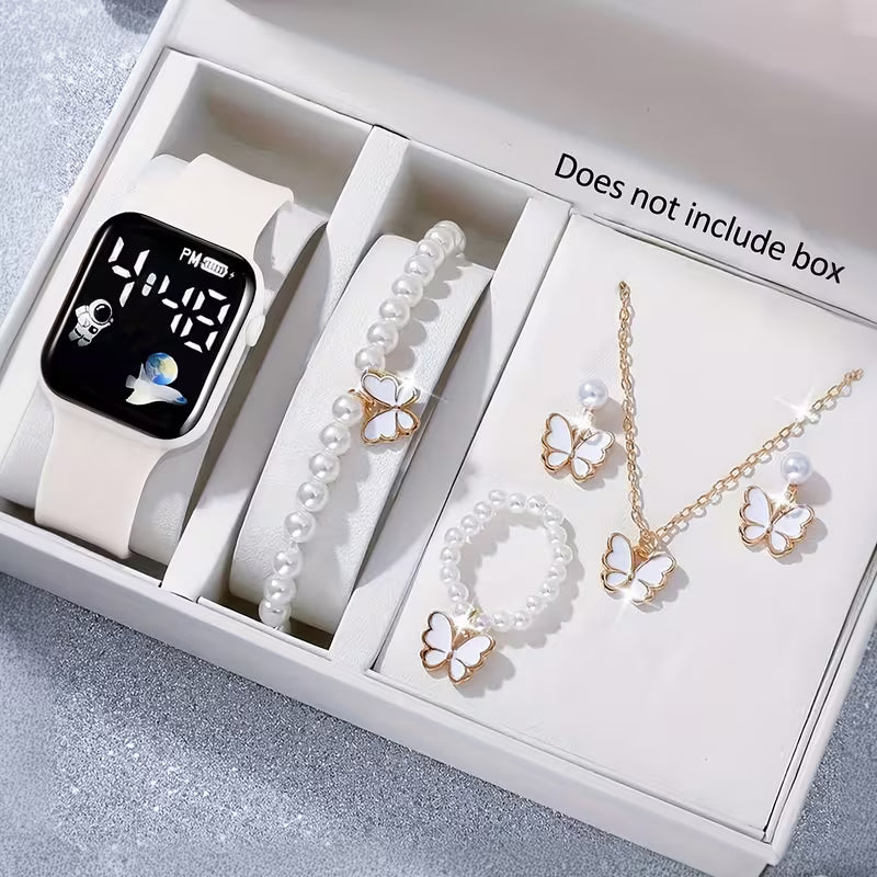 6Pcs Watches for Women Set Fashion Trend Exquisite Small White Silicone Electronic Watch Bracelet Necklace Ring Earrings Friends Birthday Gift Girlfriend Boyfriend Travel Vacation Graduation Season The Best Choice for Gifts