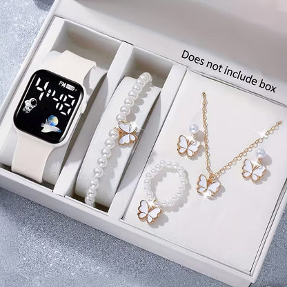 6Pcs Watches for Women Set Fashion Trend Exquisite Small White Silicone Electronic Watch Bracelet Necklace Ring Earrings Friends Birthday Gift Girlfriend Boyfriend Travel Vacation Graduation Season The Best Choice for Gifts