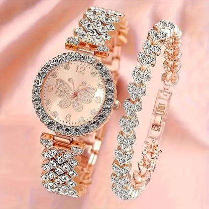2pcs Elegant Butterfly Quartz Watch & Ladies Jewelry Set - Perfect Gift, Eternal Style and Exquisite Design, Zinc Alloy Strap and Zinc Alloy Case, Quartz Movement, Accurate, Durable, Fashionable Women's Gift, Especially Suitable for Mother's Day, Valentin