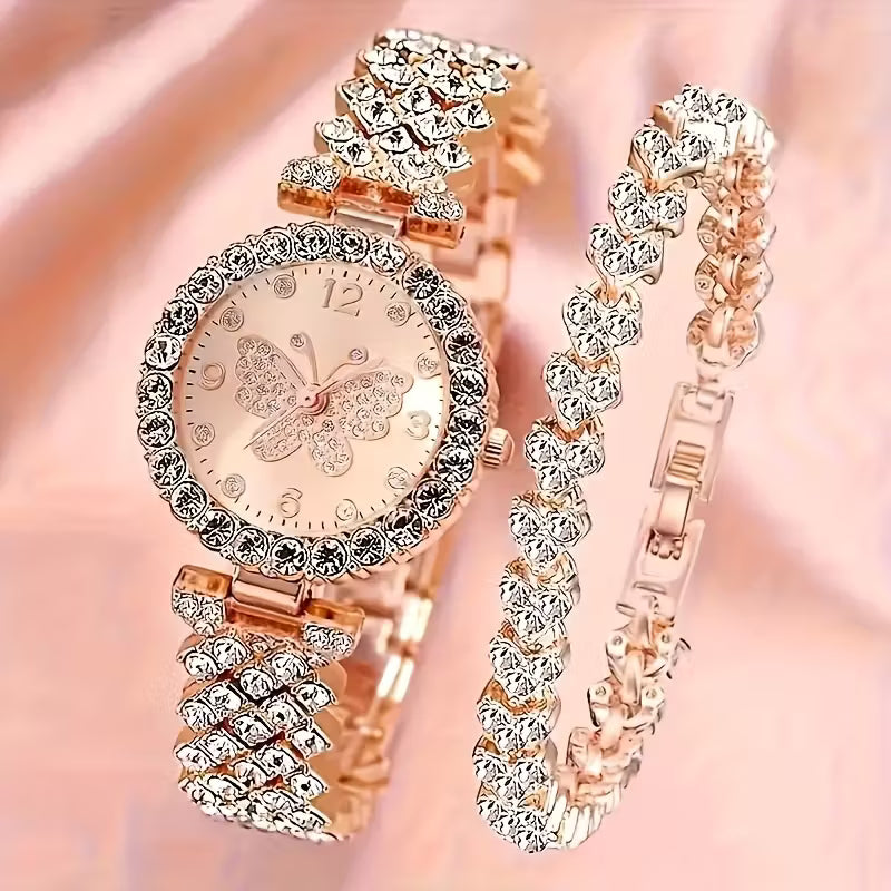 2pcs Elegant Butterfly Quartz Watch & Ladies Jewelry Set - Perfect Gift, Eternal Style and Exquisite Design, Zinc Alloy Strap and Zinc Alloy Case, Quartz Movement, Accurate, Durable, Fashionable Women's Gift, Especially Suitable for Mother's Day, Valentin
