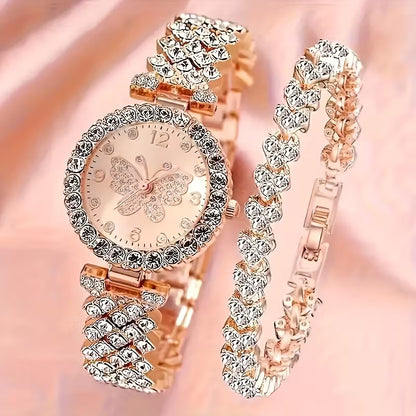 2pcs Elegant Butterfly Quartz Watch & Ladies Jewelry Set - Perfect Gift, Eternal Style and Exquisite Design, Zinc Alloy Strap and Zinc Alloy Case, Quartz Movement, Accurate, Durable, Fashionable Women's Gift, Especially Suitable for Mother's Day, Valentin