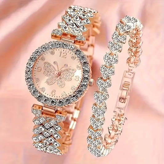 2pcs Elegant Butterfly Quartz Watch & Ladies Jewelry Set - Perfect Gift, Eternal Style and Exquisite Design, Zinc Alloy Strap and Zinc Alloy Case, Quartz Movement, Accurate, Durable, Fashionable Women's Gift, Especially Suitable for Mother's Day, Valentin
