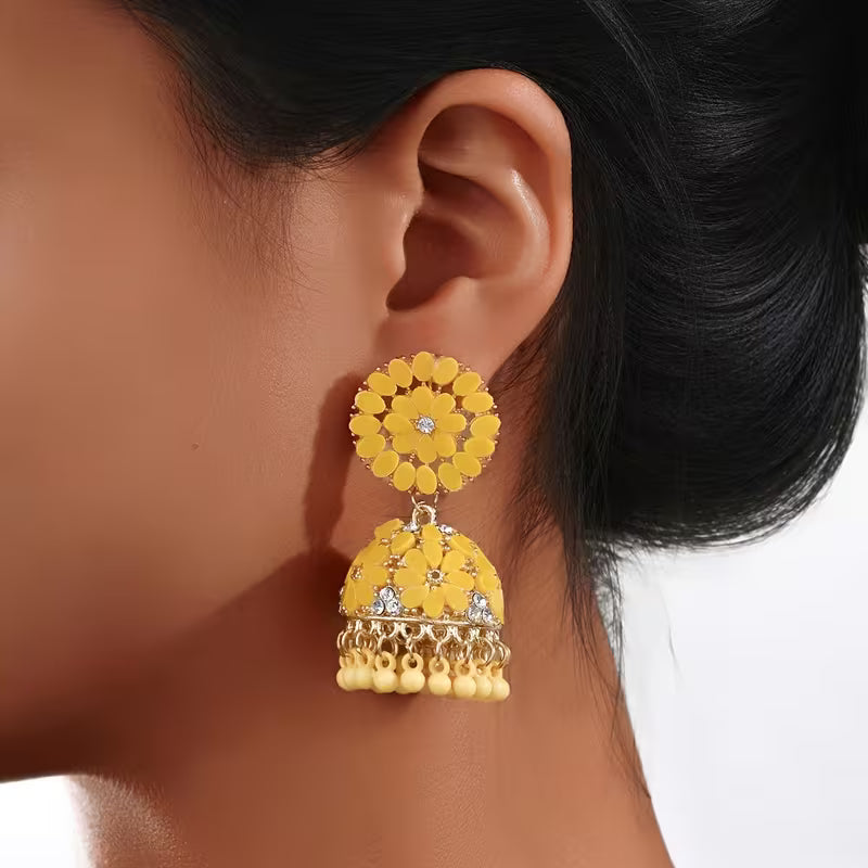 Bohemian Style Ramadan Pendant Earrings, Featuring a Floral Design with Rhinestones And JHUMKA Pendants Paired with Round Bead Tassels, Made of Zinc Alloy, Suitable for Women'S Daily Wear, Festivals, Weddings, And Parties, Or As Gifts