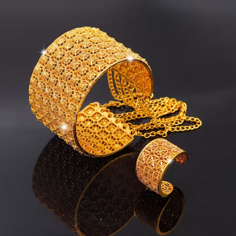 Middle Eastern Fashion Wedding Season Tassel Open Bangles And Ring Set, a Versatile Selection of High-Quality Jewelry for Ladies' Banquets, Weddings, And Festivals in Dubai, Perfect Gifts for Valentine'S Day And Mother'S Day