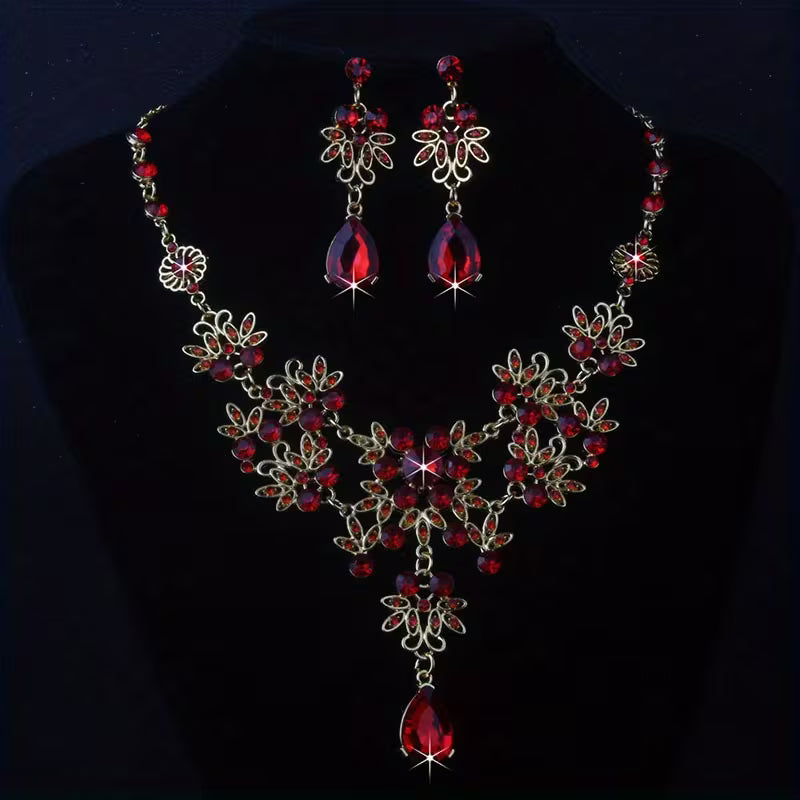 Royal Blue Leaf-Shaped Flower Necklace and Earrings Set for Women, Wedding Chain, Stage Performance Party Hall Necklace