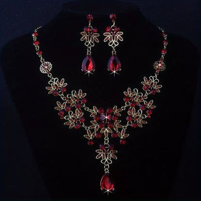 Royal Blue Leaf-Shaped Flower Necklace and Earrings Set for Women, Wedding Chain, Stage Performance Party Hall Necklace