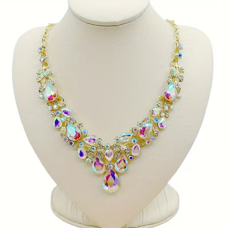 Sparkling Rhinestone Glass Necklace - -Plated Wedding & Suitable for Weddings, Galas, Year-Round Wear - Luxury Vintage Glass Bead Necklace