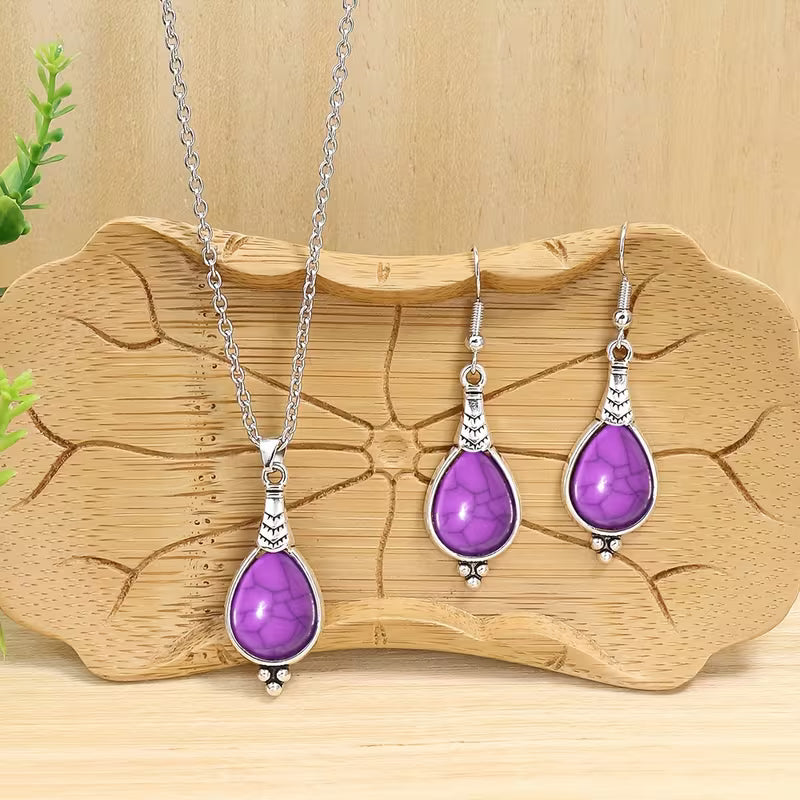 3pcs Bohemian Vintage Style Women's Jewelry Set, Silvery Teardrop Zinc Alloy with Yellow Acrylic Earrings and Necklace Set, Simple and Stylish, Versatile for All Seasons