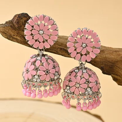 Bohemian Style Ramadan Pendant Earrings, Featuring a Floral Design with Rhinestones And JHUMKA Pendants Paired with Round Bead Tassels, Made of Zinc Alloy, Suitable for Women'S Daily Wear, Festivals, Weddings, And Parties, Or As Gifts