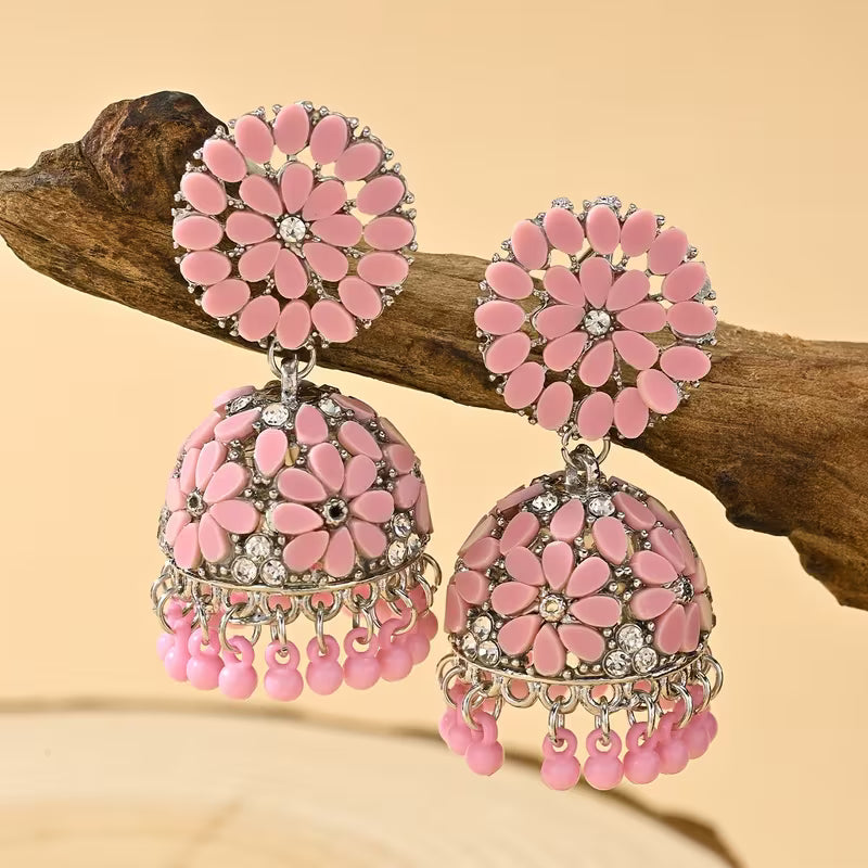 Bohemian Style Ramadan Pendant Earrings, Featuring a Floral Design with Rhinestones And JHUMKA Pendants Paired with Round Bead Tassels, Made of Zinc Alloy, Suitable for Women'S Daily Wear, Festivals, Weddings, And Parties, Or As Gifts