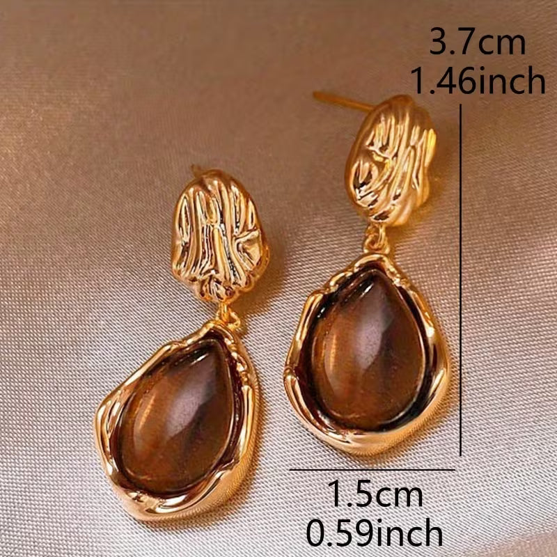 2pcs Vintage Elegant Lightweight Teardrop Resin Ladies' Earrings | 14K Golden Plated Zinc Alloy, Suitable for Daily and Party Occasions
