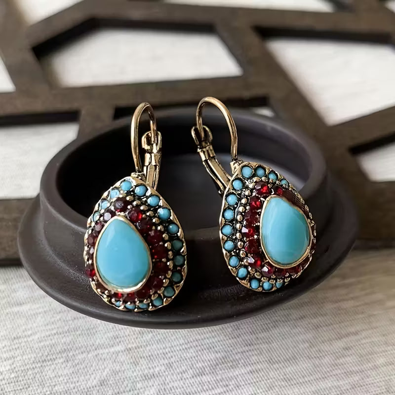 Classic Teardrop Resin Earrings for Women, Vintage Artificial Turquoise Rhinestone Hook Earrings, Gift for Loved Ones and Friends, Birthday Party Gift