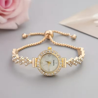 A Luxurious Women'S Quartz Watch with a Stylish And Elegant Round Design, Adorned with Rhinestones. The Bracelet Is Adjustable And Makes a Perfect Gift for Mom