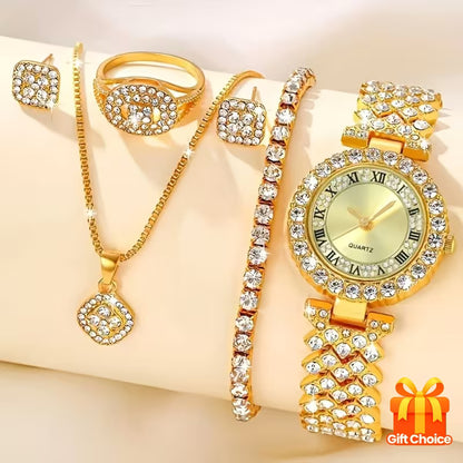 6pcs Women'S Fashion Bracelet Watch, Women'S Quartz Watch + Bracelet + Earrings + Necklace + Ring, Women'S Gift