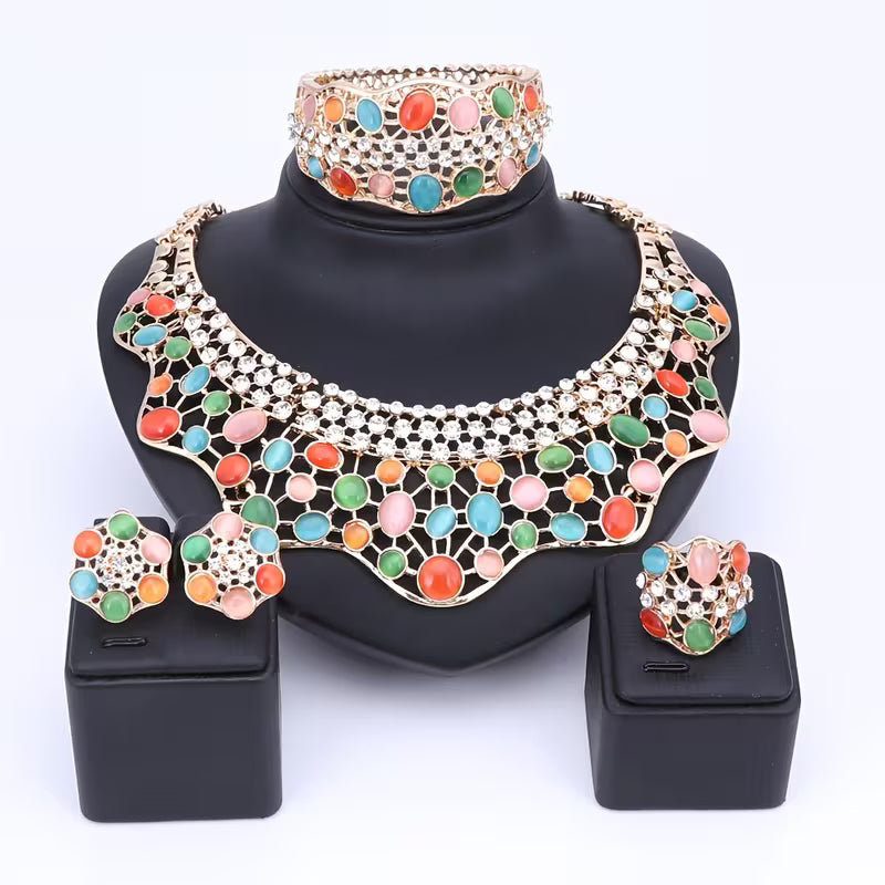 Elegant Jewelry Collection for Women Featuring Faux Cat'S Eye, Rhinestones, And a Golden Necklace, Earrings, Bangle, And Ring, Perfect for Banquets And Proms
