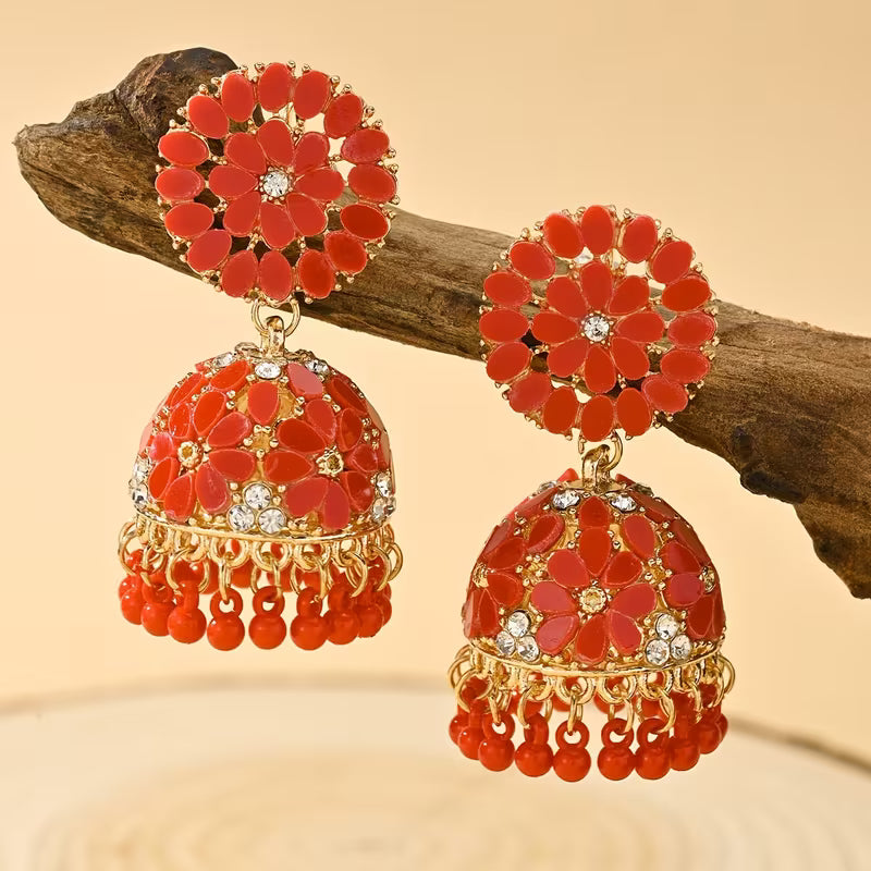 Bohemian Style Ramadan Pendant Earrings, Featuring a Floral Design with Rhinestones And JHUMKA Pendants Paired with Round Bead Tassels, Made of Zinc Alloy, Suitable for Women'S Daily Wear, Festivals, Weddings, And Parties, Or As Gifts