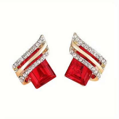 Elegant Retro-Style Geometric Earrings with Red Accents and Golden Anti-Allergy Alloy | Perfect for Wedding, Party, and Valentine'S Day Gifts, KC Golden Plated, Mosaic