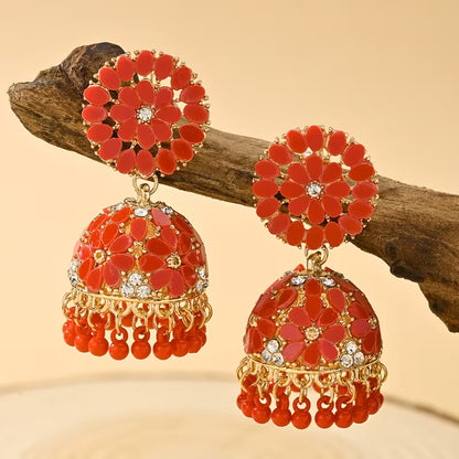 Bohemian Style Ramadan Pendant Earrings, Featuring a Floral Design with Rhinestones And JHUMKA Pendants Paired with Round Bead Tassels, Made of Zinc Alloy, Suitable for Women'S Daily Wear, Festivals, Weddings, And Parties, Or As Gifts