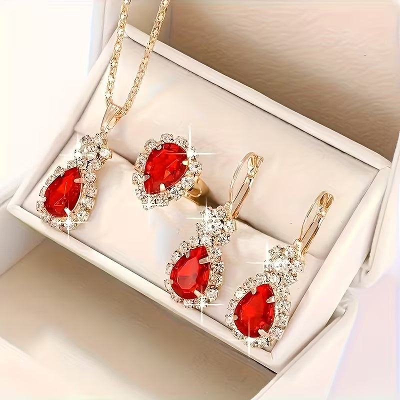 Colorful Water Drop 4pcs Jewelry Set! Made of Stainless Steel Rhinestones, This Necklace, Earring, and Ring Combination Is Perfect for Holiday Gifts