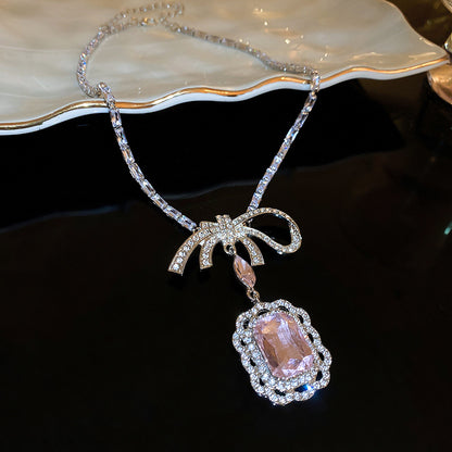 Zircon Square Bow Necklace Earring Set