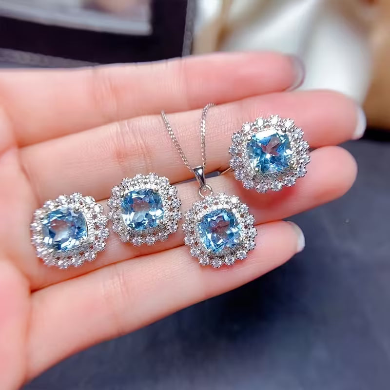 6pcs Sea Blue Princess Square Cut Loose Wedding Party Gift Necklace Pendant Ring Earrings Bracelet DIY Perfect Jewelry Making Set