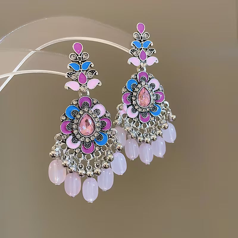 A Pair of Vintage Luxurious Ethnic-style Resin Tassel Earrings with Drip-painted Floral Designs