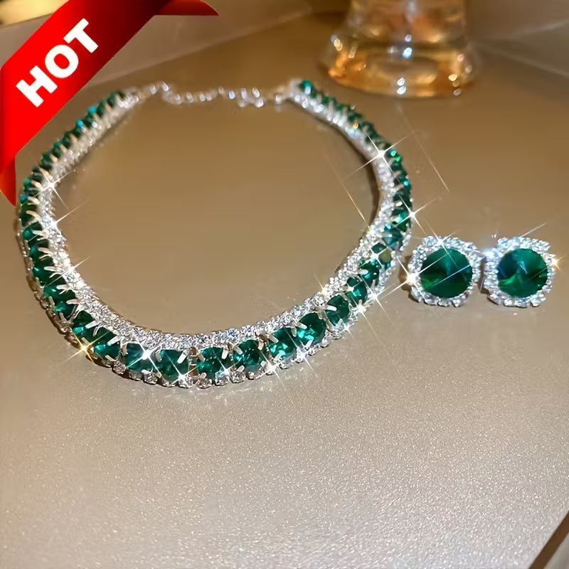 Luxury Green Necklace and Earrings Set, Sexy & Simple Style, Fashion Jewelry for Women, Elegant Evening Party Accessories Gifts for Eid