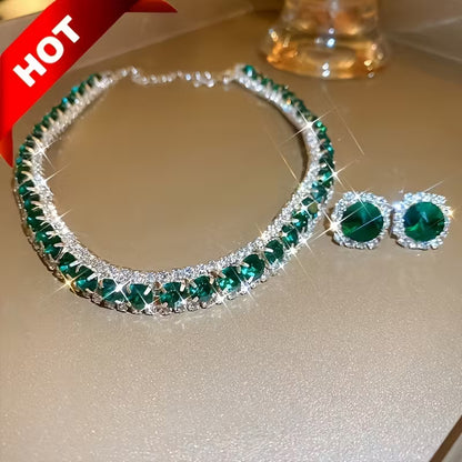 Luxury Green Necklace and Earrings Set, Sexy & Simple Style, Fashion Jewelry for Women, Elegant Evening Party Accessories Gifts for Eid