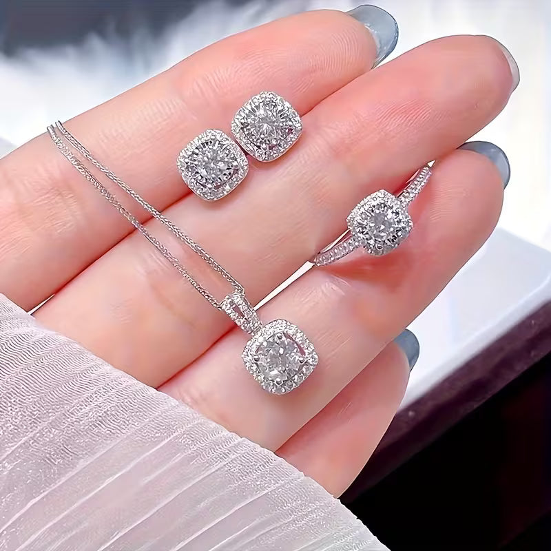 [4pcs Exquisite Fashionable Jewelry Gift] 4pcs Fashionable and minimalist new creative necklace earrings rings party commemorative gifts versatile jewelry exquisite Christmas and birthday gifts for family and friends