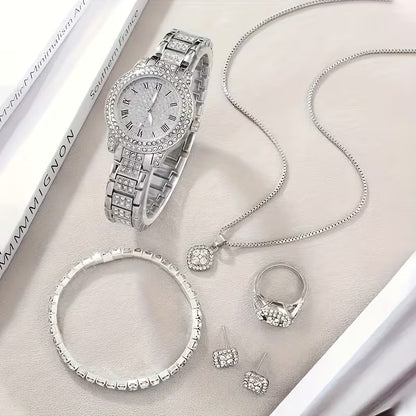 6pcs Luxury Versatile Women's Quartz Watch + Elegant Jewelry Set