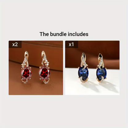 18K Gold Plated Blue Stone Stud Earrings Trendy Women Round Oval Cut White Blue Red Pink Stone Drop Earrings Anniversary Claw Earrings Jewelry