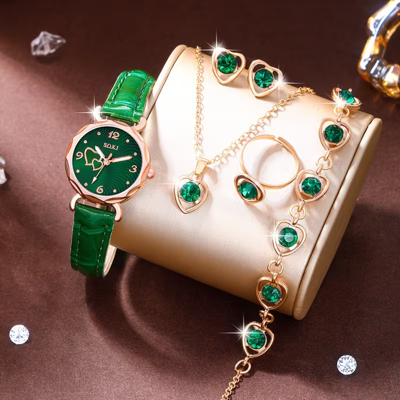 Ladies Watch 6pcs Ladies Fashionable Casual Quartz Watch with Peach Shaped Dial And Heart Necklace Earrings Bracelet Rings Jewelry Set Suitable for Daily Wear, Back-to- Season, Graduation Season, Thanksgiving, Couples, The Best Gifts No Box