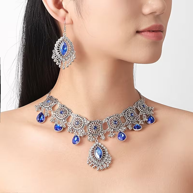 A Vintage Hollow Drop Tassel Jewelry Set Featuring an Exaggerated Necklace And Earrings with a Middle Eastern Ethnic Style in Western Fashion