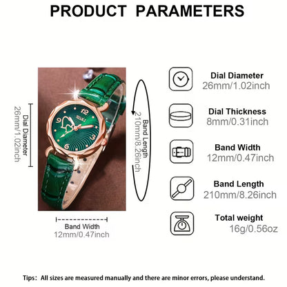 Ladies Watch 6pcs Ladies Fashionable Casual Quartz Watch with Peach Shaped Dial And Heart Necklace Earrings Bracelet Rings Jewelry Set Suitable for Daily Wear, Back-to- Season, Graduation Season, Thanksgiving, Couples, The Best Gifts No Box