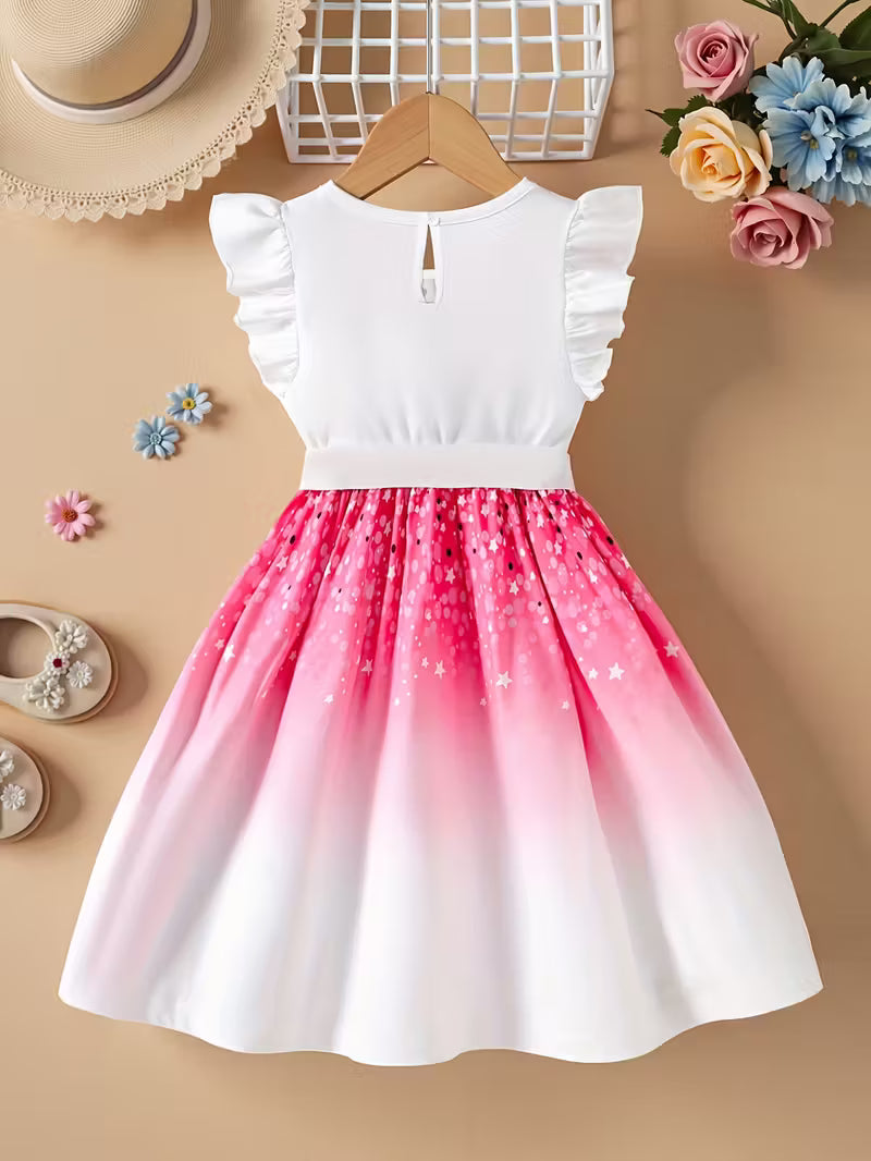 Girls' Fashion Round-neck Flutter-sleeve Ruffle Butterfly Print Princess-style Gradient Butterfly Dress, Suitable for Holidays, Vacations, and the Beach