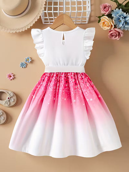 Girls' Fashion Round-neck Flutter-sleeve Ruffle Butterfly Print Princess-style Gradient Butterfly Dress, Suitable for Holidays, Vacations, and the Beach